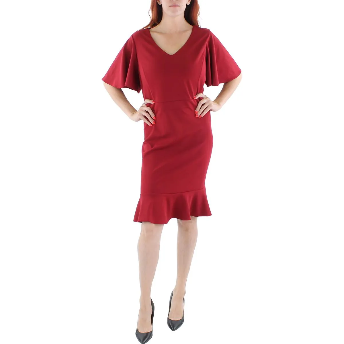 Womens Knit Flutter Sleeves Sheath Dress