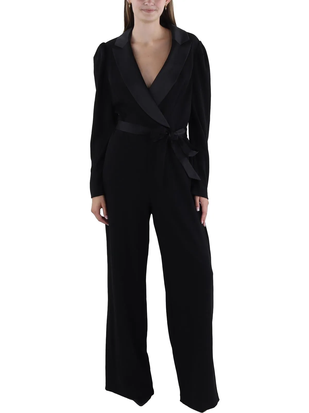 Womens Notched-Collar Belted Jumpsuit
