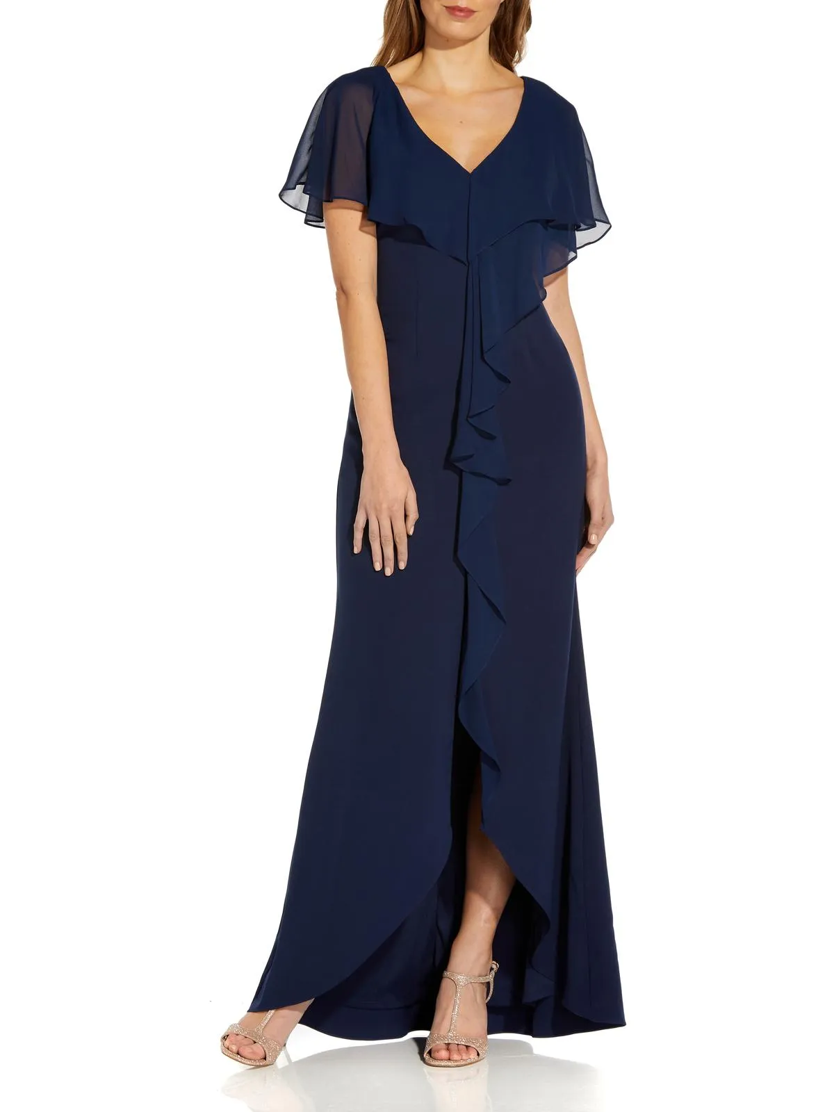 Womens Ruffled V-Neck Evening Dress