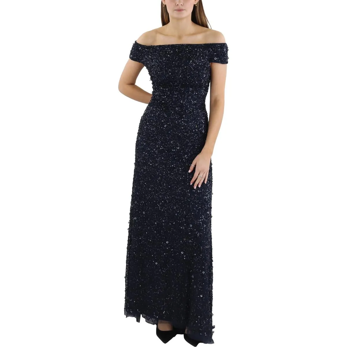 Womens Sequined Off-The-Shoulder Formal Dress