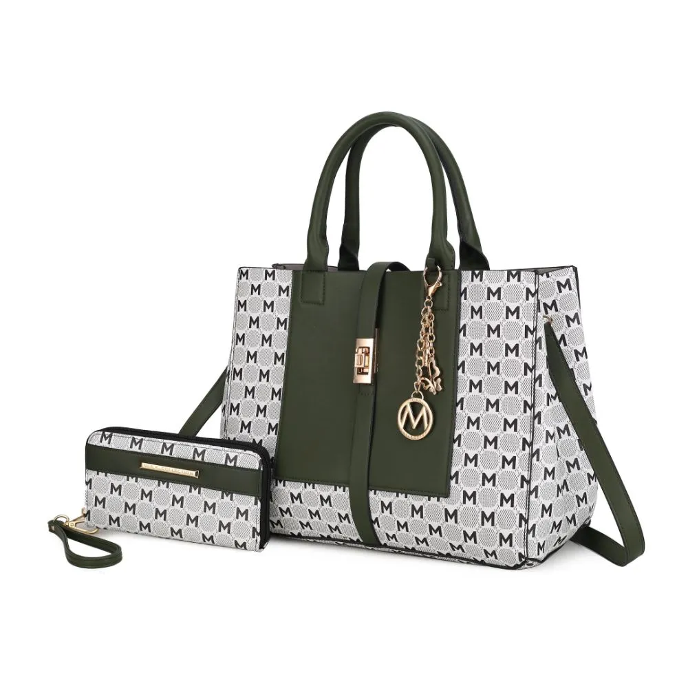 Yuliana Circular M emblem Print Satchel Handbag for Women's with Wallet