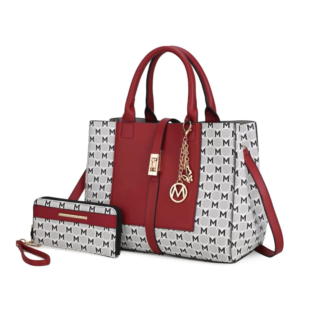 Yuliana Circular M emblem Print Satchel Handbag for Women's with Wallet