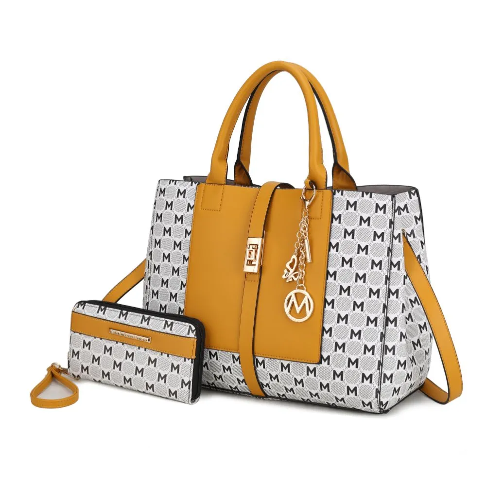 Yuliana Circular M emblem Print Satchel Handbag for Women's with Wallet