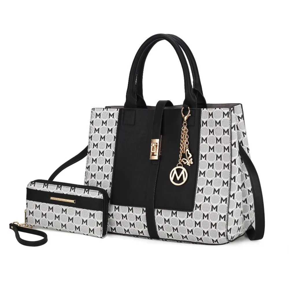 Yuliana Circular M emblem Print Satchel Handbag for Women's with Wallet