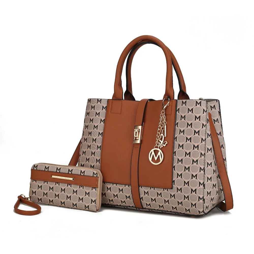Yuliana Circular M emblem Print Satchel Handbag for Women's with Wallet