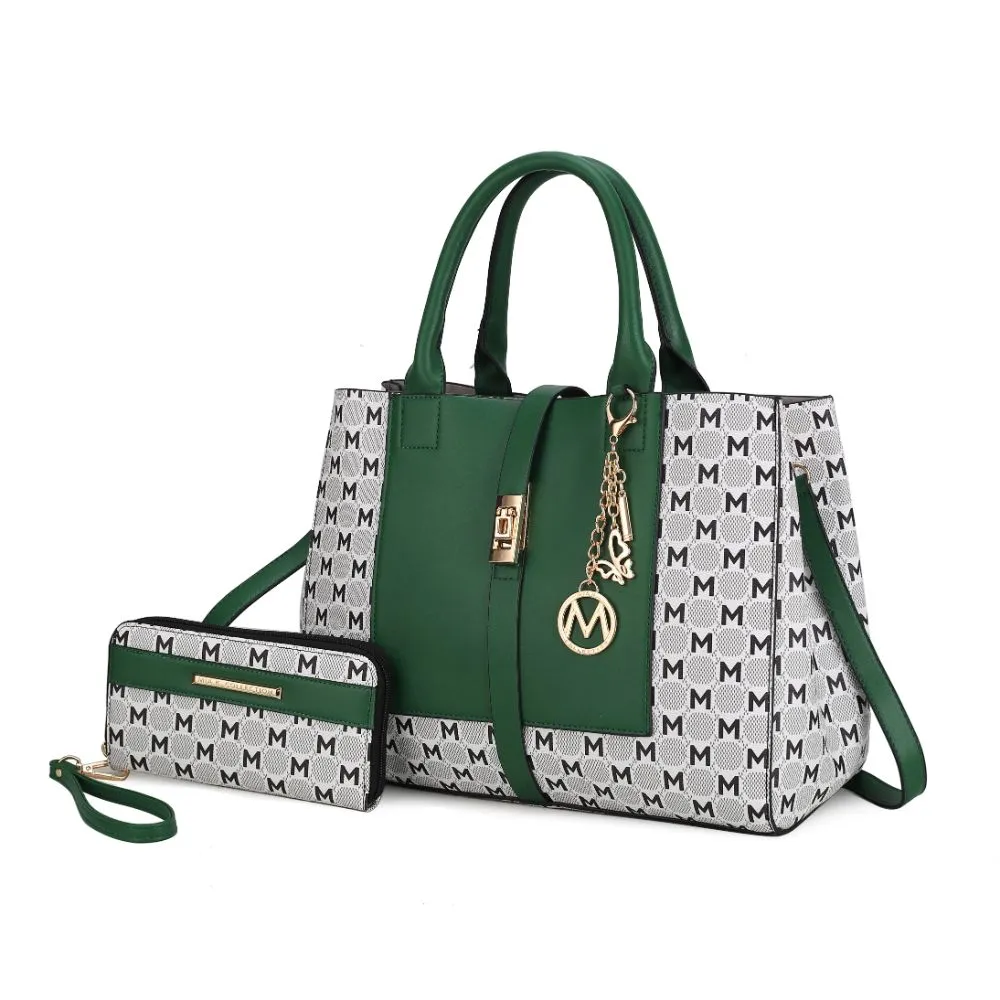 Yuliana Circular M emblem Print Satchel Handbag for Women's with Wallet