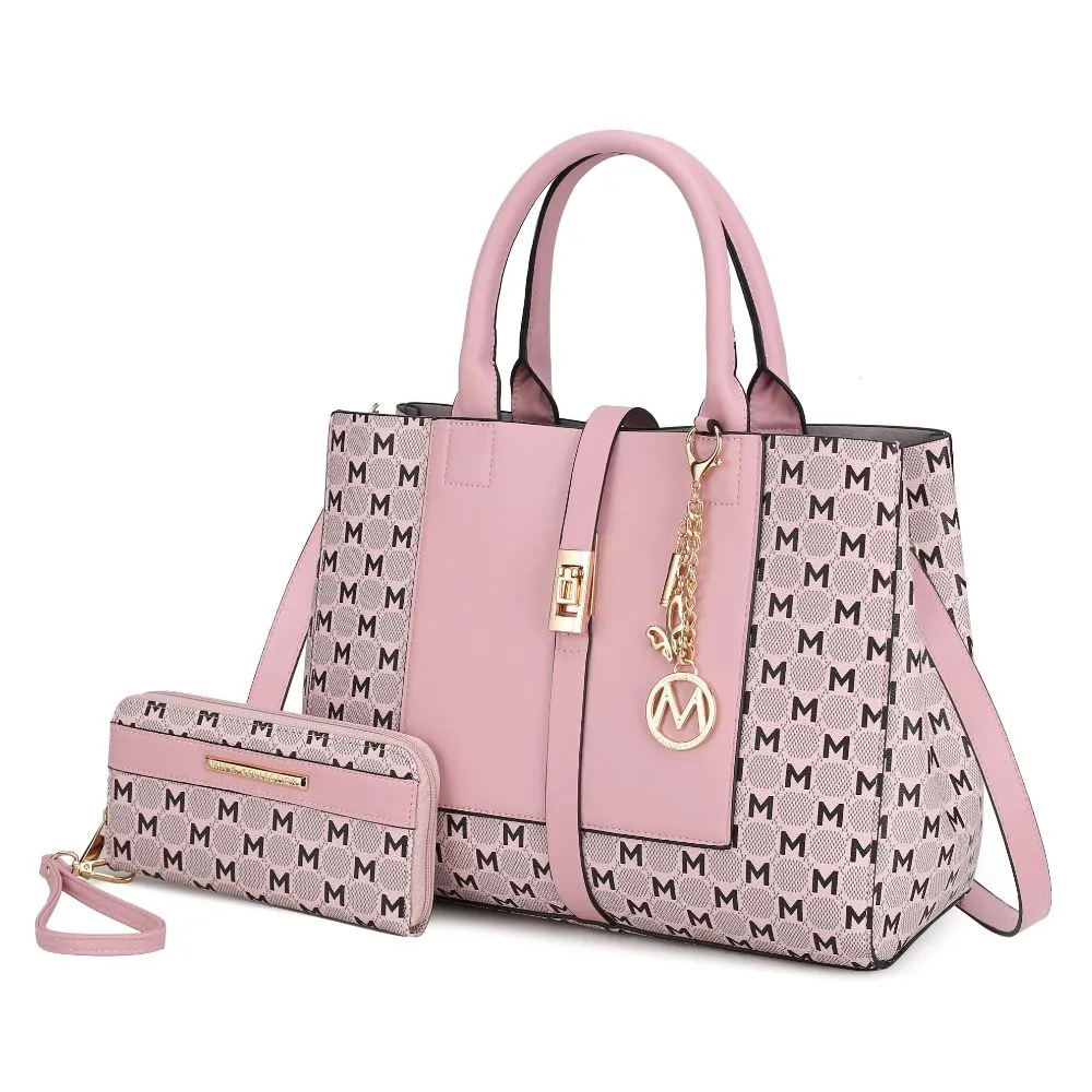 Yuliana Circular M emblem Print Satchel Handbag for Women's with Wallet