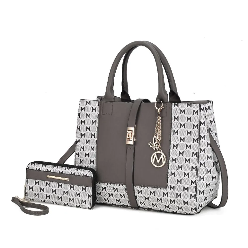 Yuliana Circular M emblem Print Satchel Handbag for Women's with Wallet