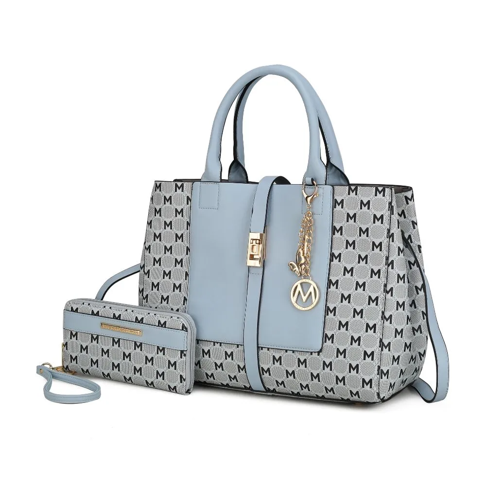 Yuliana Circular M emblem Print Satchel Handbag for Women's with Wallet